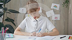 Young boy studying at the desk at home or school class room