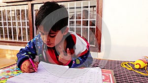 Young boy studying at home