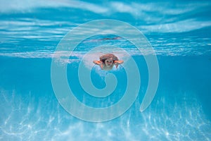 Young boy swim and dive underwater. Under water portrait in swim pool. Child boy diving into a swimming pool. Kids