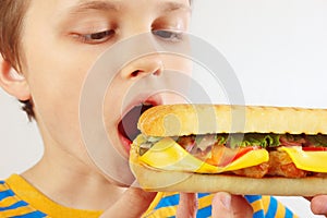 Young boy is tasting the big cheeseburger on white background close up