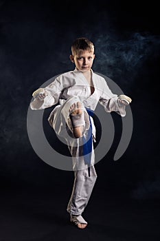 Young boy training karate