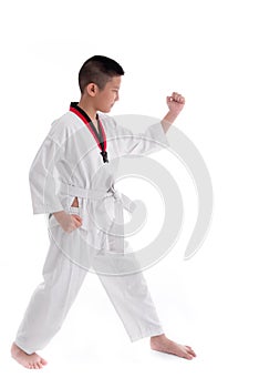 Young boy training taekwondo action isolated