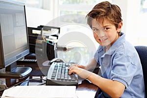 Young boy using computer at home