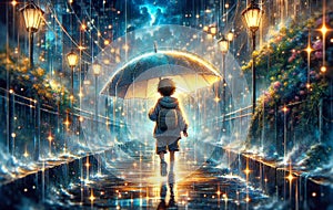 A young boy walking on a magical starry path holding an umbrella