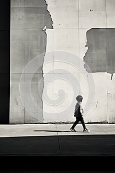 Young boy walking past large wall with torn off piece of paper. Generative AI