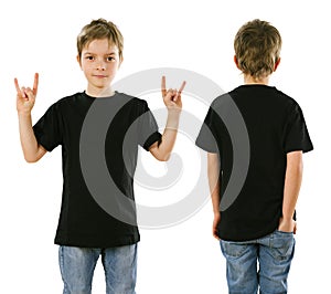 Young boy wearing blank black shirt