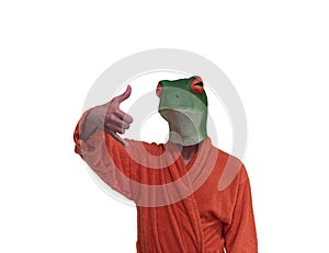 Young boy wearing a green frog animal mask with orange bathrobe with surfing hand gesture with pinky and thumb on white background