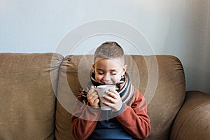 Young boy wearing sweater and a scarf sitting on a sofa and drinking hot tea with lemon. Flu and seasonal diseases
