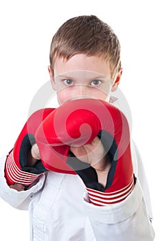 Young boy wearing tae kwon do uniform