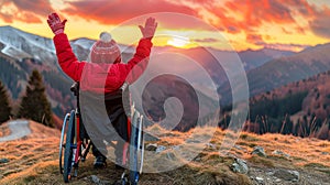 Young boy in wheelchair enjoys sunset, raises arms joyfully with mountains in the background