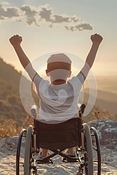 Young boy in wheelchair raises arms at sunset, admiring scenic mountains in the background