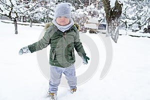 Young boy in a winter outfit, a warm grey scarf in a green jacket gloves doesn`t like the frosty winter weather and