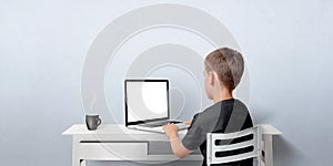 Young boy working on the laptop computer. Notebook with  display for web page promotion