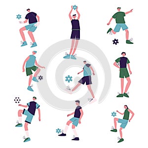 Young boys football players playing football outdoors vector illustration