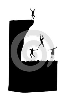 Young boys jumping in water. Man having fun in swimming pool. Cliff jumping vector silhouette isolated on white background.