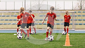 Young Boys at Soccer Training. Group of School Kids Kicking Soccer Balls During Practice Session