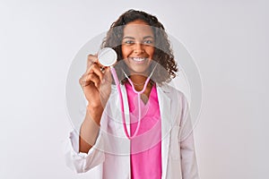 Young brazilian doctor woman using stethoscope standing over isolated white background with a happy face standing and smiling with