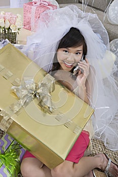 Young Bride With Gift Communicating On Mobile Phone