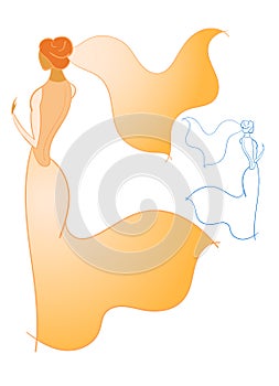 Young bride girl in wedding dress in color and outline