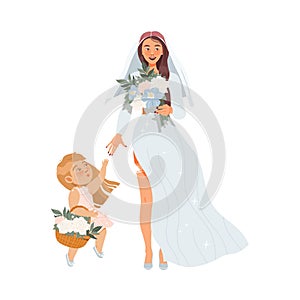 Young Bride in White Wedding Dress as Newlywed or Just Married Female Standing with Kid Holding Bouquet Vector