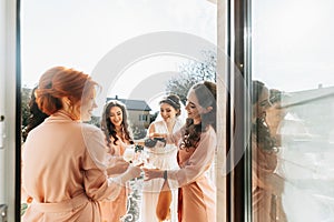 Young bridesmaids are having fun and smiling in pink silk robes drinking champagne at the bride's gazebo.
