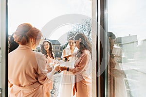 Young bridesmaids are having fun and smiling in pink silk robes drinking champagne at the bride's gazebo.