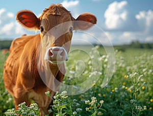 Young brown calf is standing in green field on sunny day. Cow is standing in a green field in the springtime