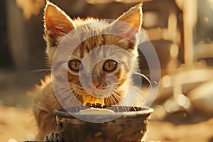 Young Brown Tabby Kitten Eating Dry Cat Food in Golden Morning Light, Adorable Feline Pet Feeding Scene with Warm Sun Flares