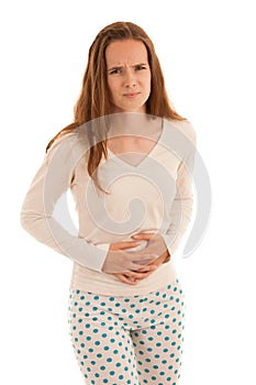 Young brunette caucasian woman wtih pain in her stomach menstrual cycle