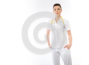 Young brunette doctor in white wearing and stethoscope