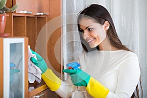 Young brunette dusting at home