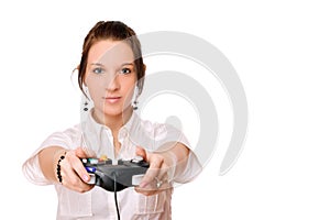 Young brunette girl with a joystick