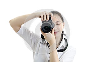 Young brunette girl with photocamera