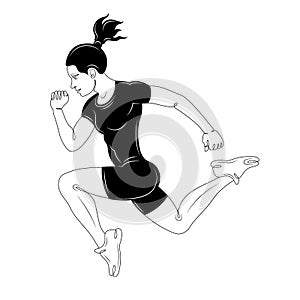 Young brunette girl running in black sports uniform.Sports concept