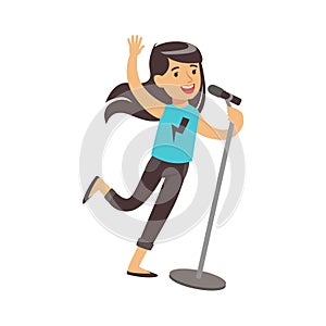 Young brunette girl singing with microphone in her hand. Colorful character vector Illustration