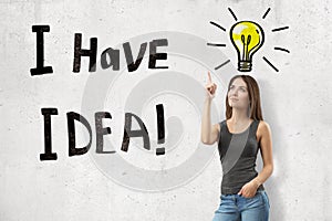 Young brunette girl wearing casual jeans and t-shirt pointing finger up with I HAVE IDEA sign and cartoon light bulb