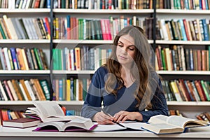 A young brunette girl who is sitting at a desk in the library wi