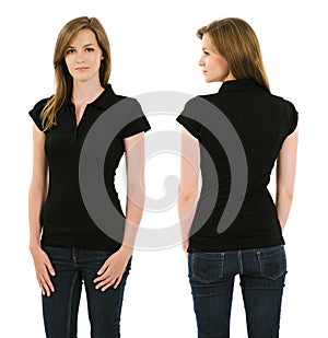 Young brunette woman with blank black polo shirt photo