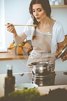 Young brunette woman cooking soup in kitchen. Housewife holding wooden spoon in her hand. Food and health concept