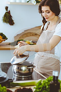 Young brunette woman cooking soup in kitchen. Housewife holding wooden spoon in her hand. Food and health concept