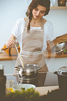 Young brunette woman cooking soup in kitchen. Housewife holding wooden spoon in her hand. Food and health concept