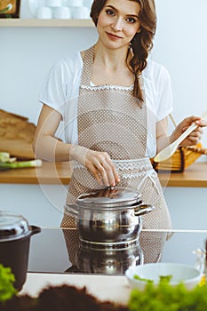 Young brunette woman cooking soup in kitchen. Housewife holding wooden spoon in her hand. Food and health concept