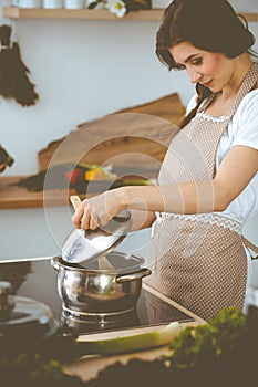 Young brunette woman cooking soup in kitchen. Housewife holding wooden spoon in her hand. Food and health concept