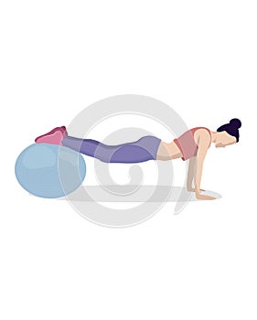 Young brunette woman doing fitness. Healthy lifestyle, sports. The girl is engaged in fitball. Isolated