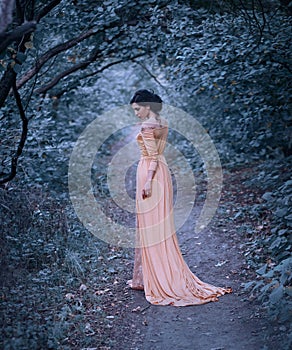 A young brunette woman with an elegant, hairstyle. A princess in a yellow vintage dress, stands against the backdrop of