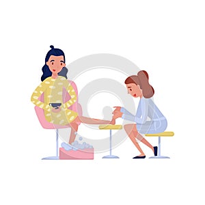 Young brunette woman enjoying a foot massage at spa or beauty salon vector Illustration on a white background