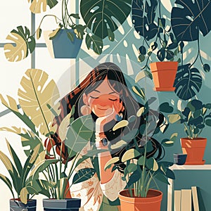 Young brunette woman indoor plants home urban gardening illustration