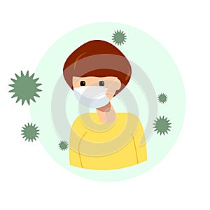 Young brunette woman in a medical mask and a purple jacket. Illustration for a banner or flyer