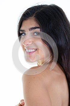 Young brunette woman sexy topless with amazing smile