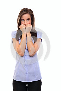 Young brunette woman shocked